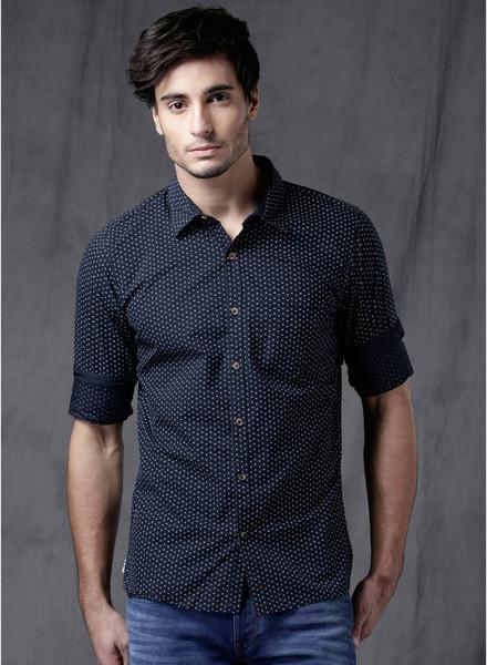 Navy Blue Printed Slim Fit Casual Shirt