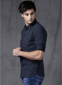 Navy Blue Printed Slim Fit Casual Shirt